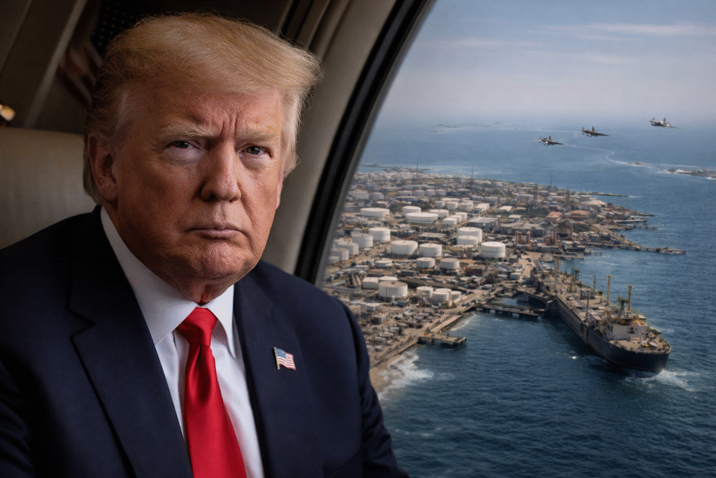 Former President Donald Trump inside Air Force One with aerial view of Iran’s Kharg Island oil terminal and tankers in the Persian Gulf below.