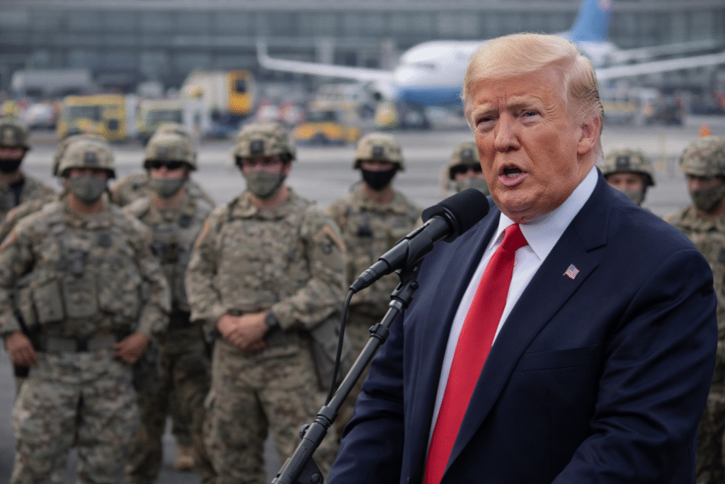 President Donald Trump speaking at an airport podium with National Guard troops standing behind him near aircraft and terminal buildings.