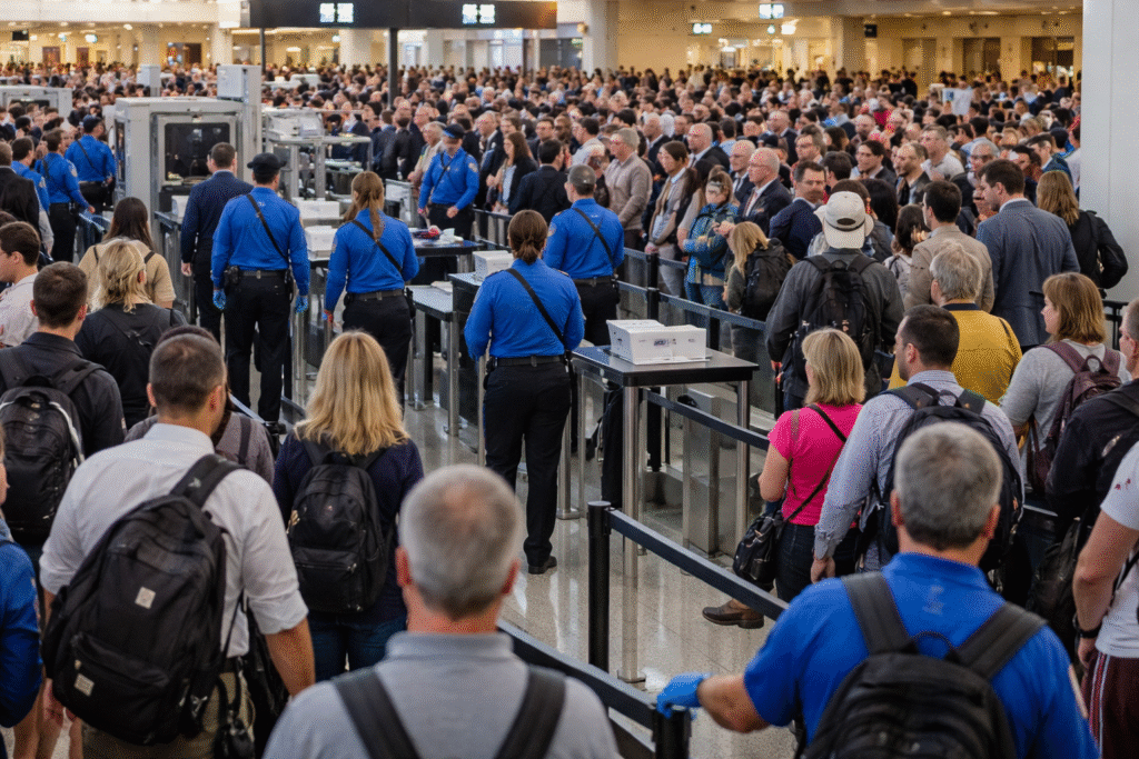 Large crowd of travelers waiting in long lines at a busy airport TSA security checkpoint while agents screen passengers and luggage.
