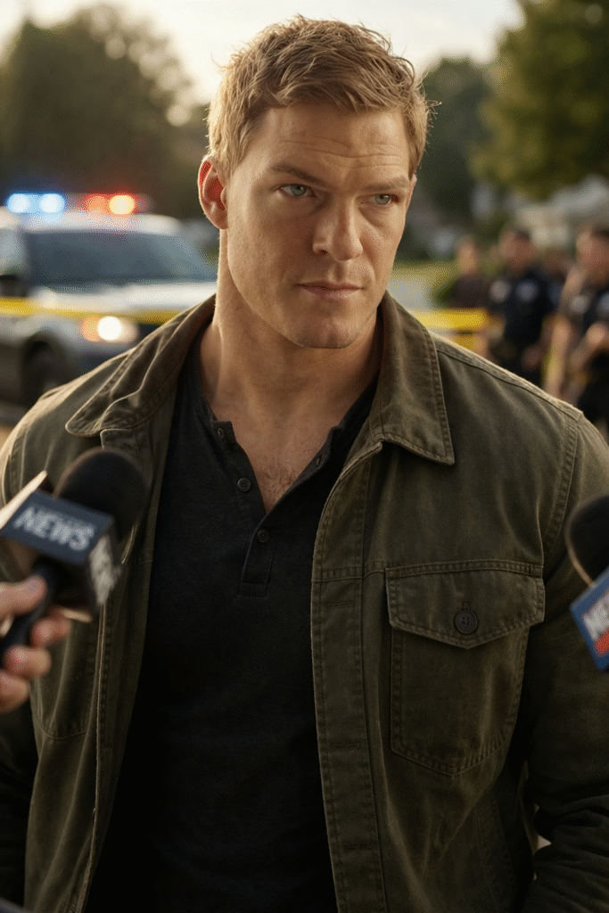 Close-up of a muscular man with short brown hair and light stubble, wearing a dark shirt and green jacket, standing outdoors with a blurred vehicle and trees in the background.