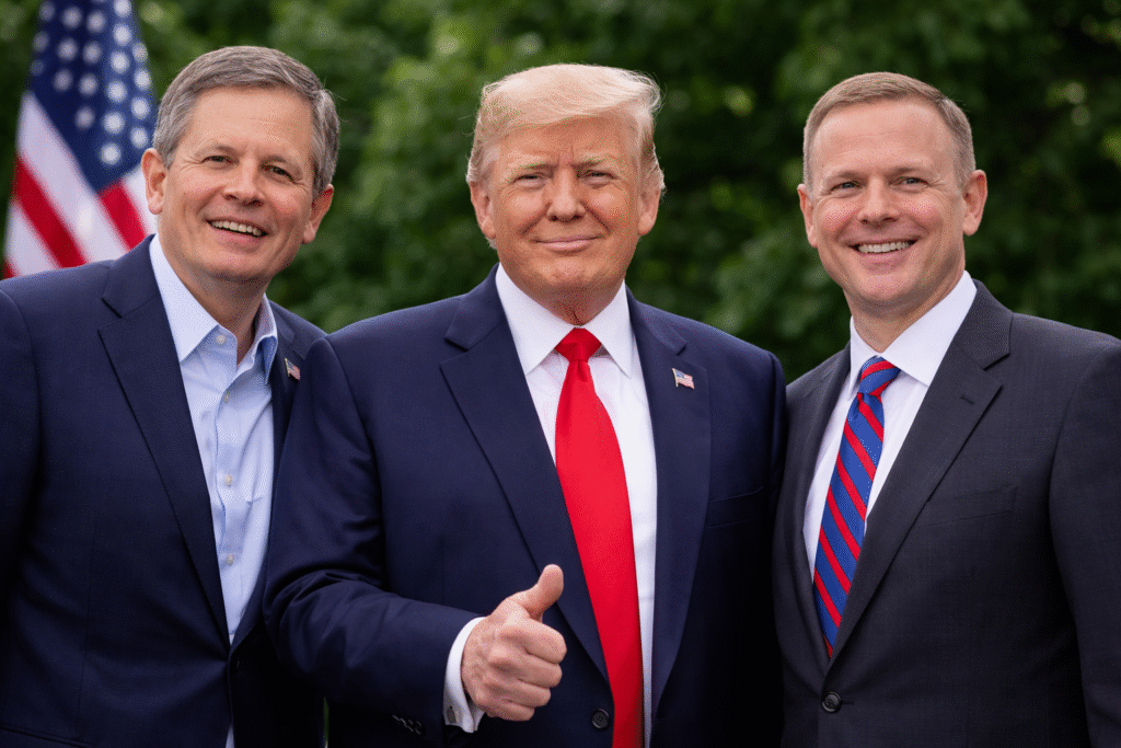 President Donald Trump standing between Montana Senator Steve Daines and Senate candidate Kurt Alme during a campaign-style appearance with American flag in the background.