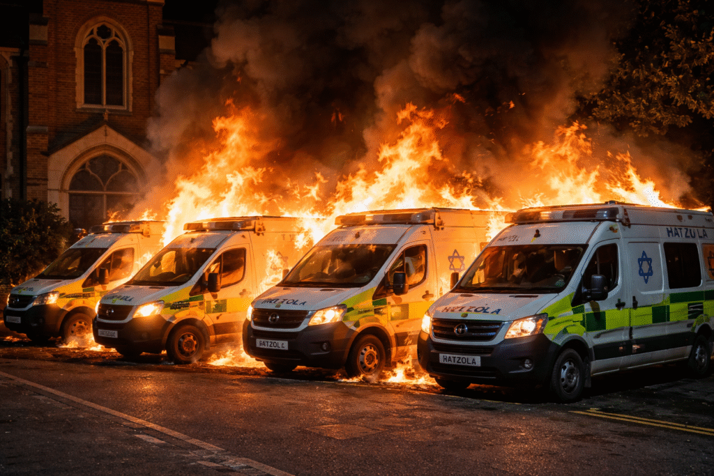 Four ambulances parked outside a building at night engulfed in large flames and thick smoke, with fire spreading across the vehicles and street.