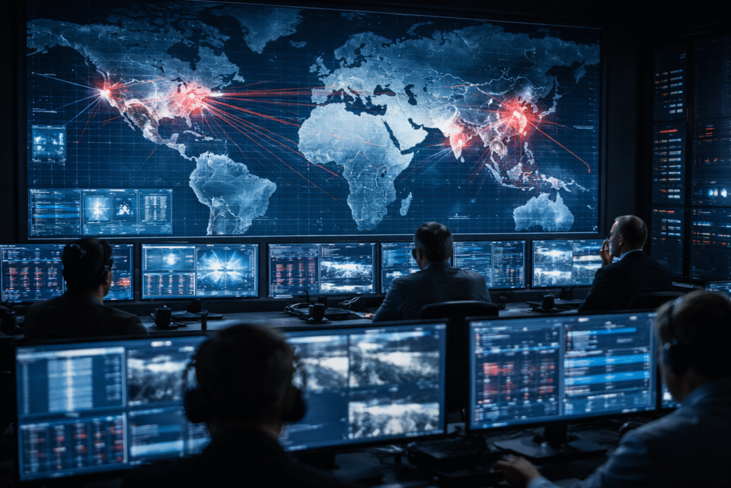 Intelligence analysts monitoring global security threats in a dark operations center with large digital world maps and multiple surveillance screens displaying data and network activity.