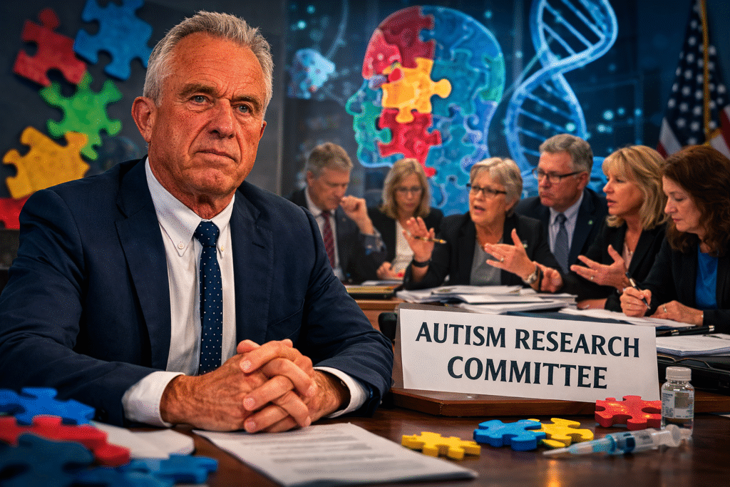 Robert F. Kennedy Jr. seated at a table during an autism research committee discussion with scientists meeting in the background and autism awareness puzzle imagery visible.
