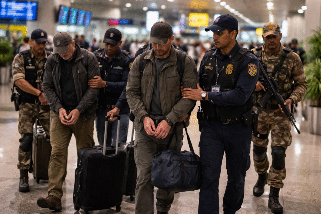 Security officers escorting two detained men with luggage through a busy airport terminal under law enforcement supervision.