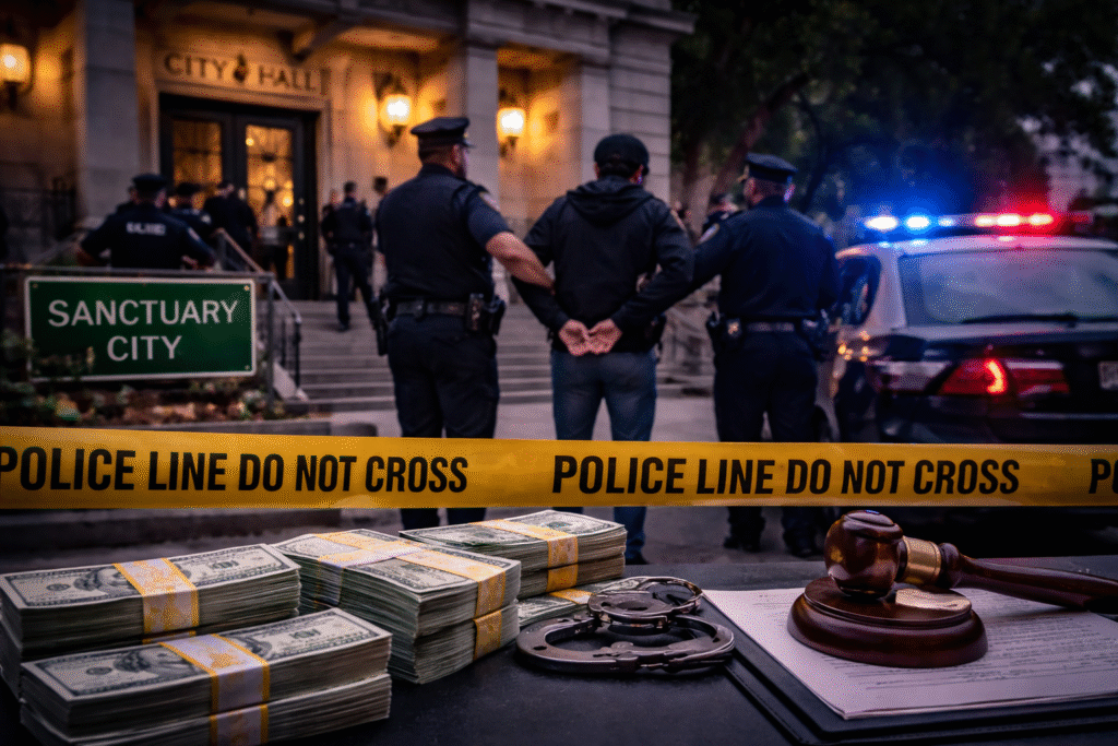 Police officers escort a handcuffed man outside a city hall building at night, with patrol cars and flashing lights visible in the background.