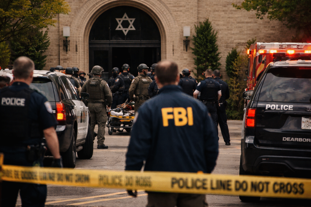 Police officers and federal agents respond outside a synagogue building with a Star of David above the entrance as emergency vehicles and police tape secure the scene following a reported attack.