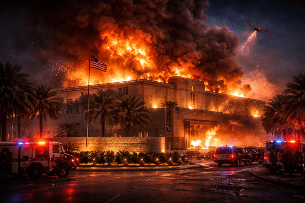 Large fire and thick smoke engulf a diplomatic-style building at night with emergency vehicles responding and a drone visible overhead.