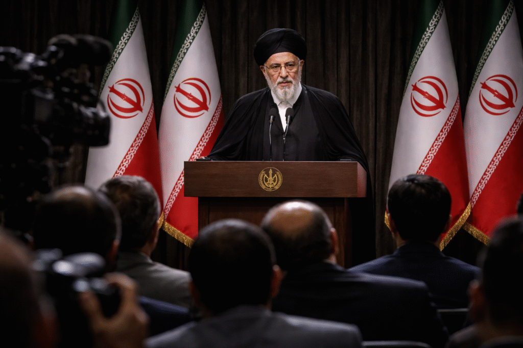Iran’s Supreme Leader Mojtaba Khamenei speaking at a podium during a press address with Iranian flags behind him.