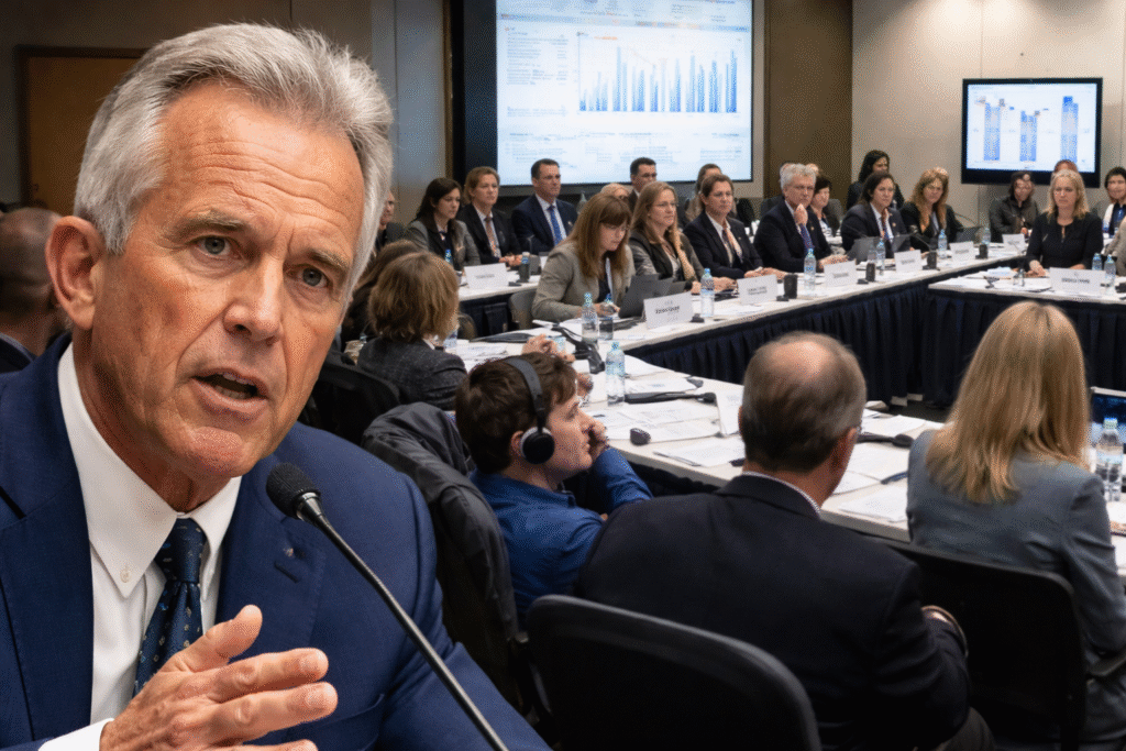 U.S. Health Secretary Robert F. Kennedy Jr. speaking at a large autism research advisory meeting with scientists and officials seated around a conference table reviewing data on screens in the background.