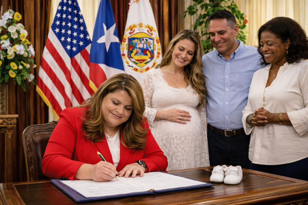 Puerto Rico Governor Jenniffer González-Colón signing legislation at a desk while supporters stand behind her, with U.S. and Puerto Rican flags displayed in the background and baby shoes placed on the table.