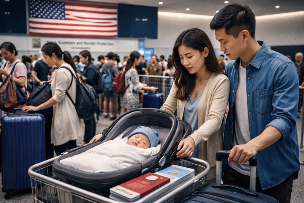 Chinese couple with newborn in car seat at a U.S. airport customs area beneath an American flag, surrounded by travelers with luggage and passports.