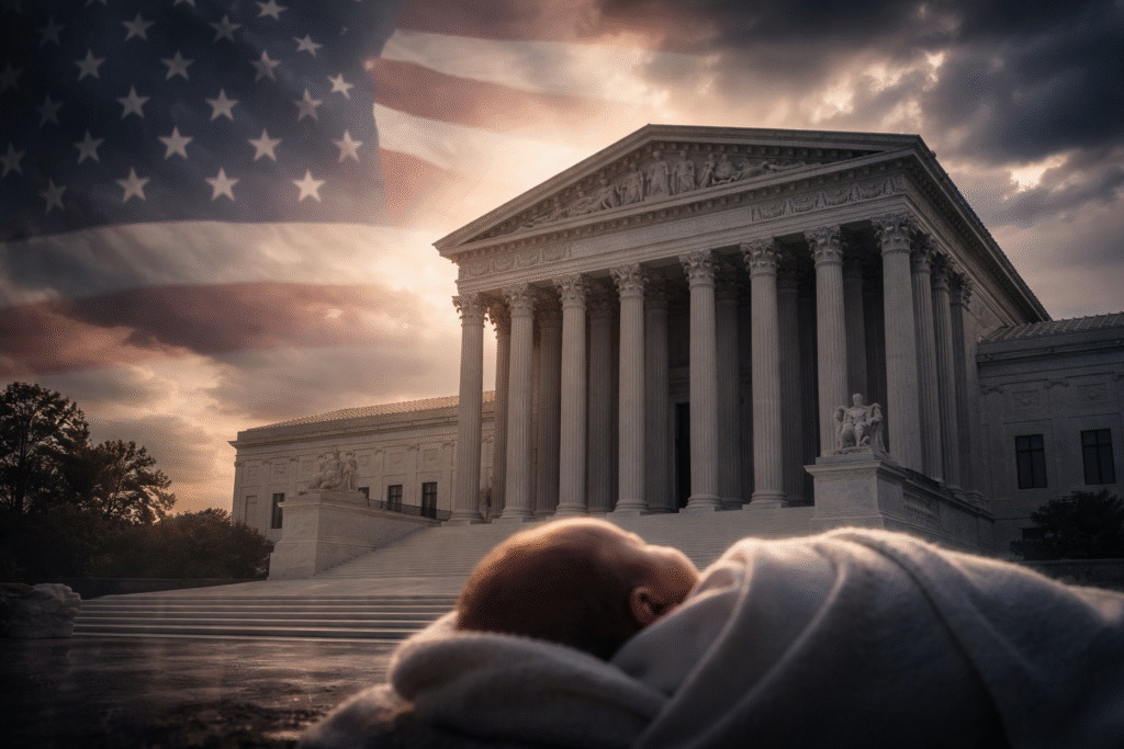 U.S. Supreme Court building under a dramatic sky with a newborn in the foreground and a faint American flag overlay, symbolizing the birthright citizenship debate.