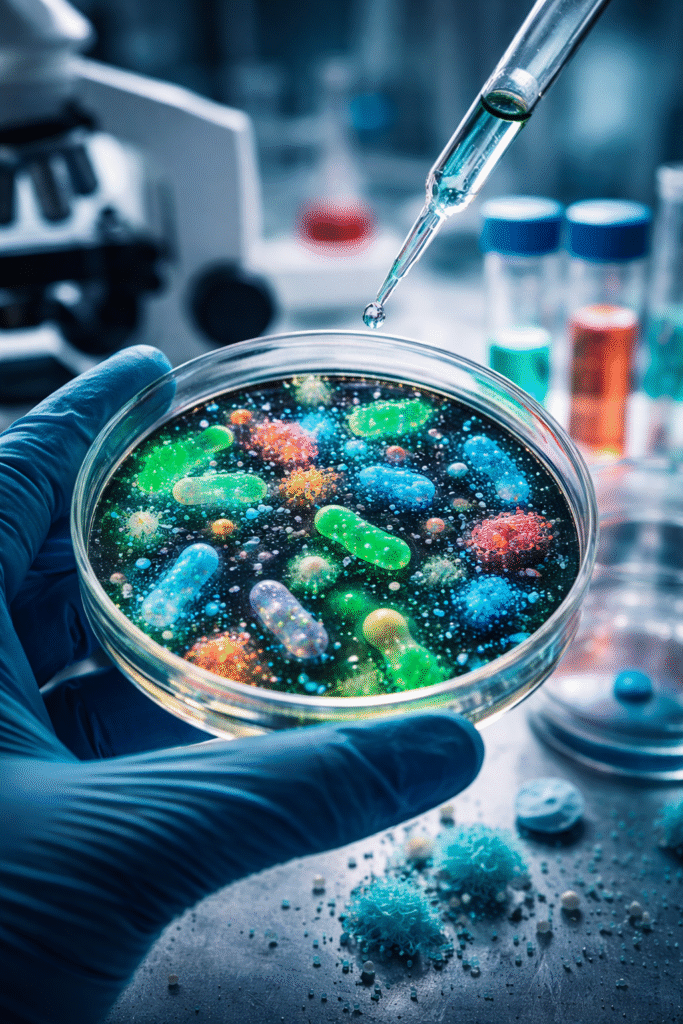 Gloved hand holding a petri dish containing brightly colored bacterial cultures in a laboratory setting, with lab equipment blurred in the background.