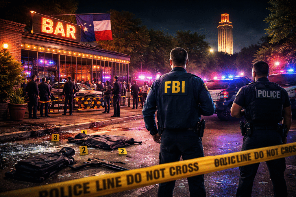 Nighttime scene outside an Austin bar with police vehicles, FBI agents, crime scene tape, and flashing emergency lights near the University of Texas Tower following a mass shooting investigation.