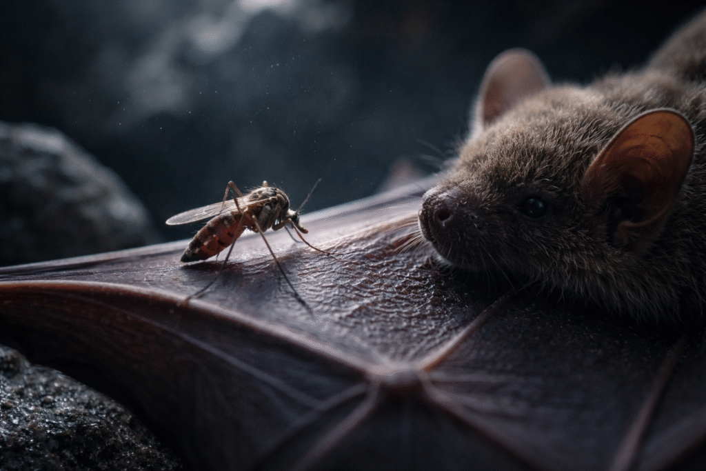 Mosquito feeding on a bat’s wing inside a dim cave, close-up view showing detailed wing texture and insect interaction in a controlled, low-light environment