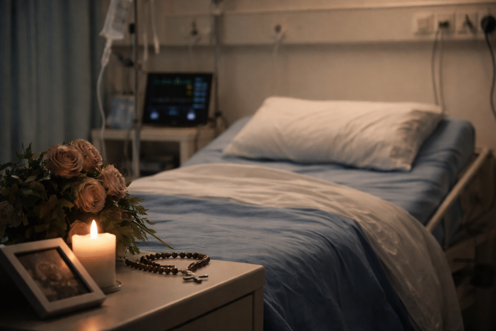 Empty hospital bed in a dimly lit room with an IV stand, heart monitor, and bedside table holding a candle, rosary, flowers, and framed photo, conveying a somber atmosphere.