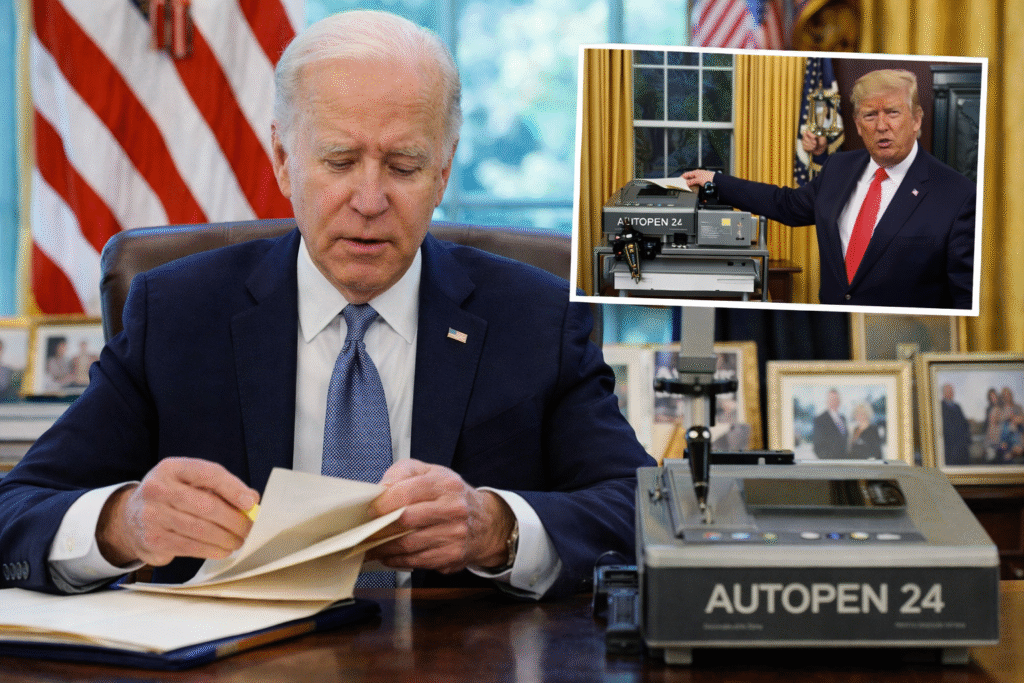 Joe Biden seated at the Oval Office desk reviewing documents with an autopen machine visible, symbolizing the DOJ investigation into the use of an autopen for presidential signatures.