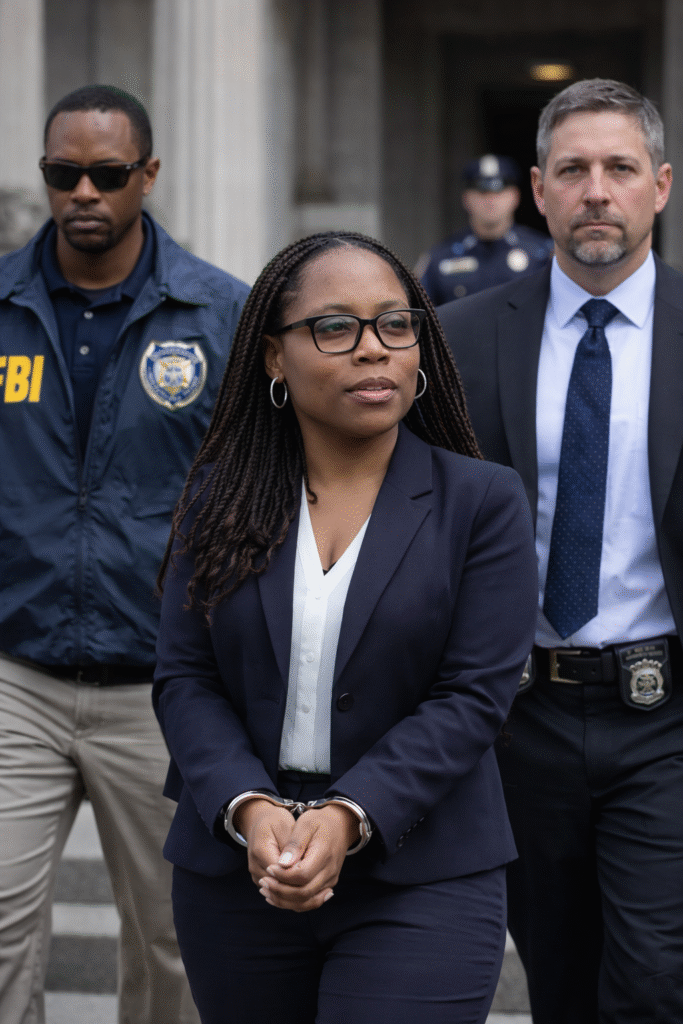 African American woman in a navy suit and glasses, hands cuffed in front, escorted by two law enforcement officers outside a courthouse building