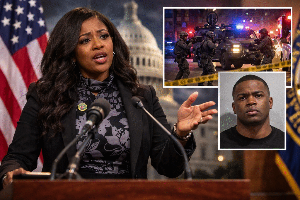Congresswoman Jasmine Crockett speaks at a podium while inset images show a police SWAT response scene and a portrait of the security guard involved in the Dallas incident.