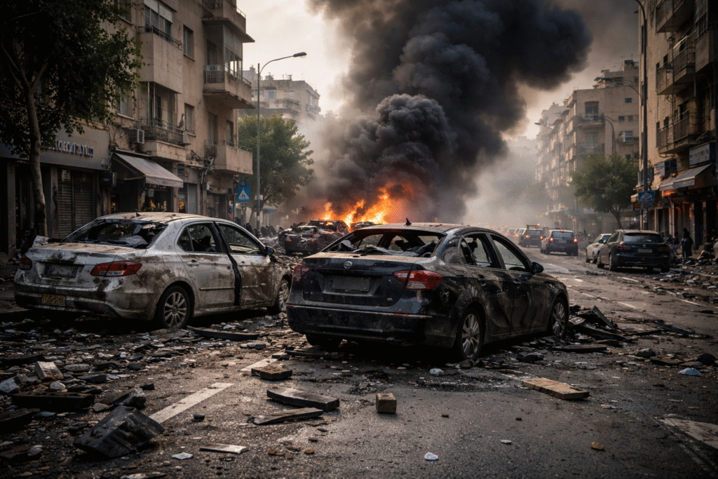 Damaged cars and scattered debris on a city street with fire and thick smoke rising after an explosion