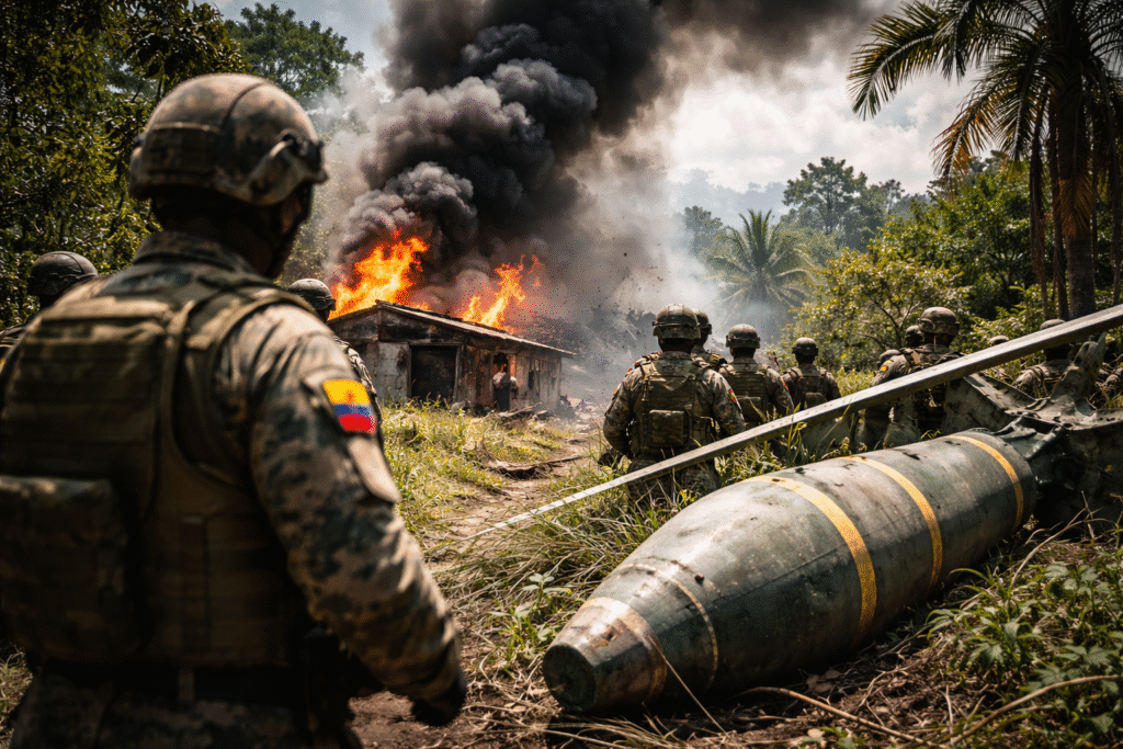 Soldiers in camouflage advancing through a jungle area near a burning structure, with heavy smoke rising and a large unexploded bomb lying in the foreground