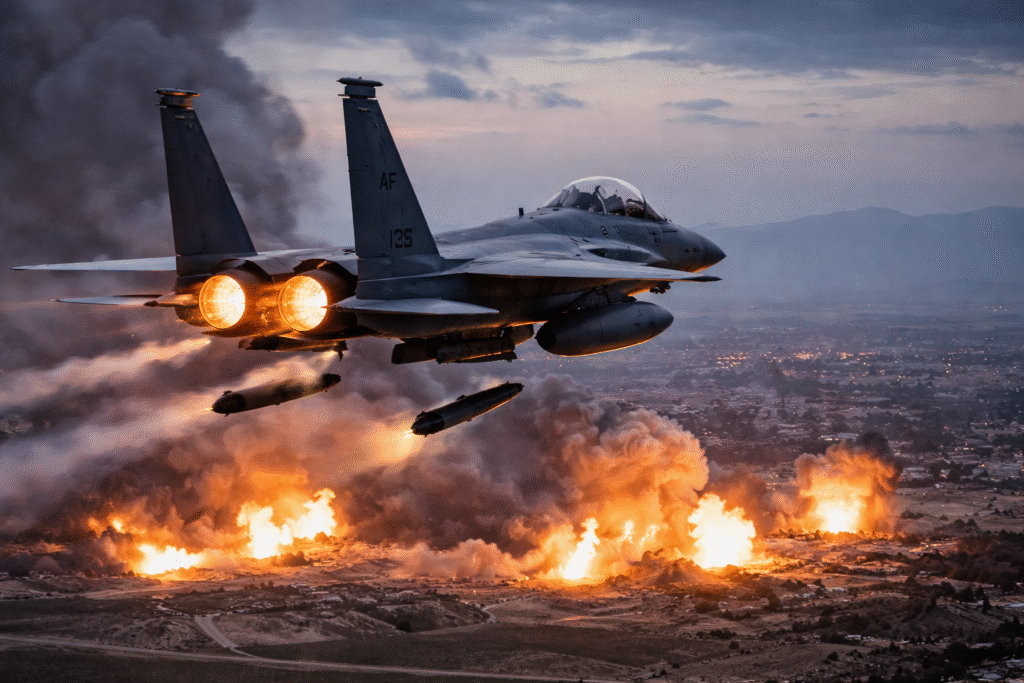 U.S. fighter jet flying over a battlefield at dusk with afterburners glowing as explosions and smoke rise from targets on the ground below.