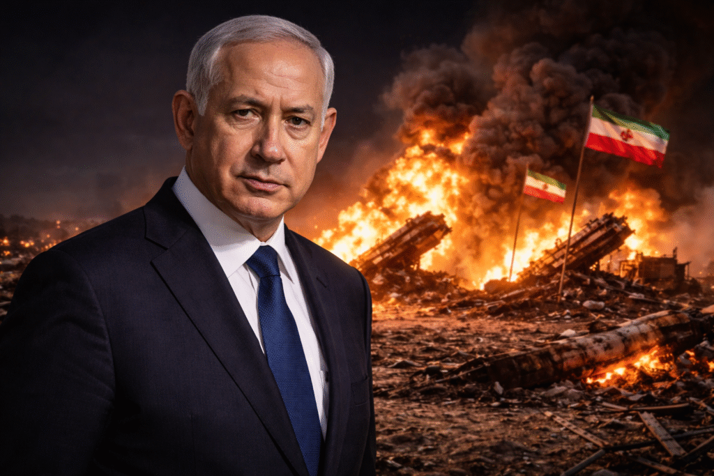 Portrait of Netanyahu facing the camera in the foreground, with large explosions and burning missile equipment behind him, sending thick smoke into the night sky.