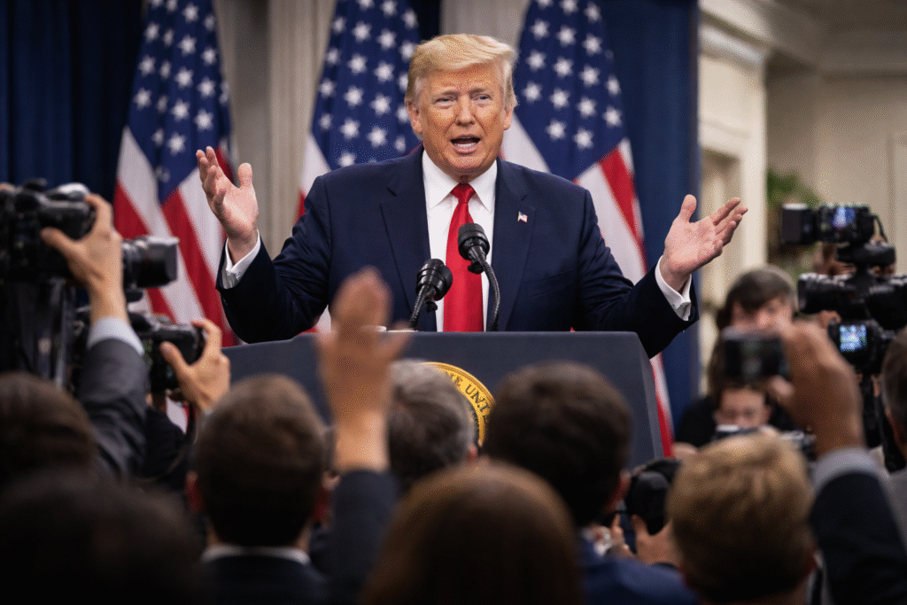 President Donald Trump speaking at a podium during a press conference with reporters and cameras in front of him