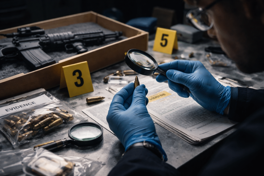 Forensic investigator wearing gloves examining a bullet with a magnifying glass on an evidence table with shell casings, documents, and a rifle in the background.