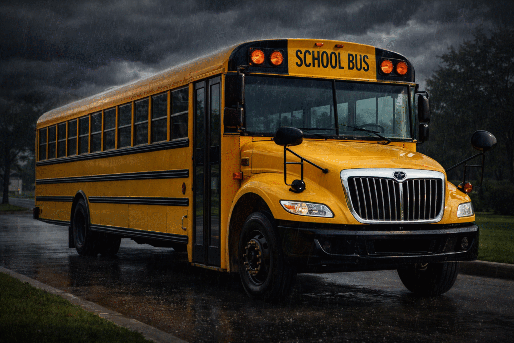 Yellow school bus parked on a wet suburban road beneath dark storm clouds, with rain falling around the vehicle and trees fading into the gloomy background.