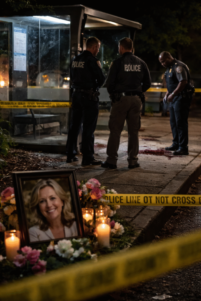 Police officers investigating a nighttime crime scene at a bus stop surrounded by police tape, with candles, flowers, and a framed photo placed as a memorial in the foreground.
