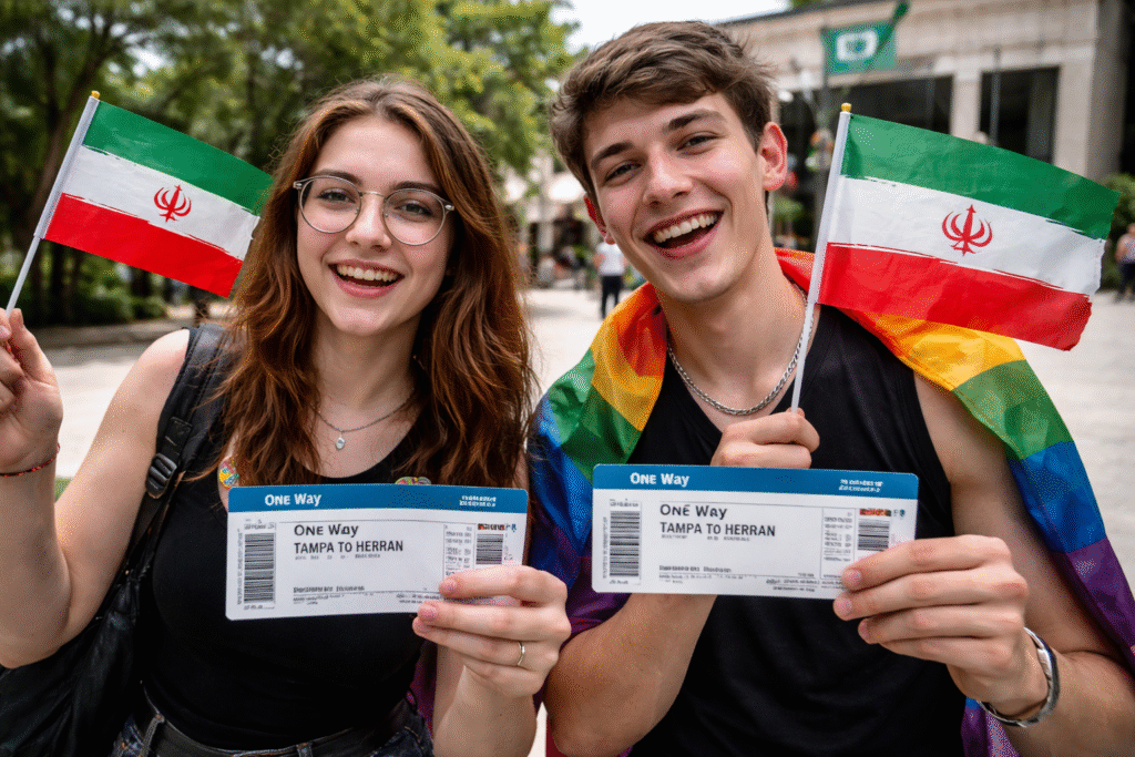 Two college students holding airline tickets and Iranian flags during a street interview while standing outdoors on a campus walkway.