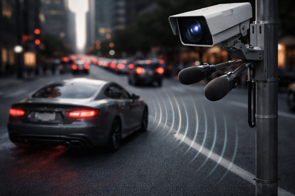 Roadside traffic camera with attached microphones detecting sound from a passing car in a busy city street, representing automated noise enforcement.