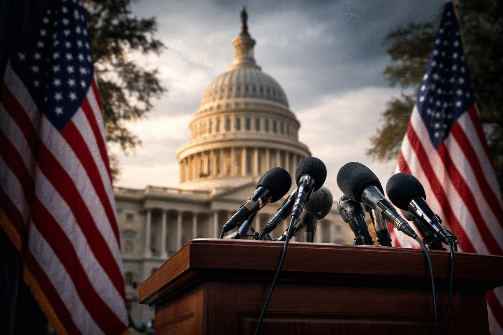 Podium with microphones in front of the U.S. Capitol building and American flags, representing a congressional press briefing on constitutional and national policy issues.