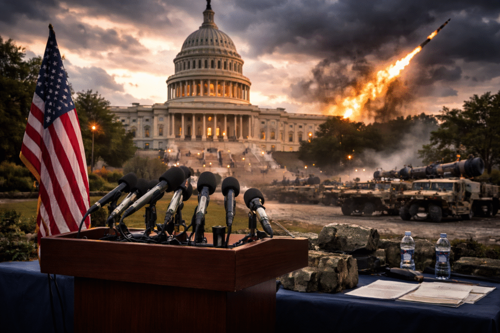 Podium with multiple microphones set before the U.S. Capitol at dusk, American flag to the side, with military vehicles and a missile launch visible in the distance under a dramatic sky.