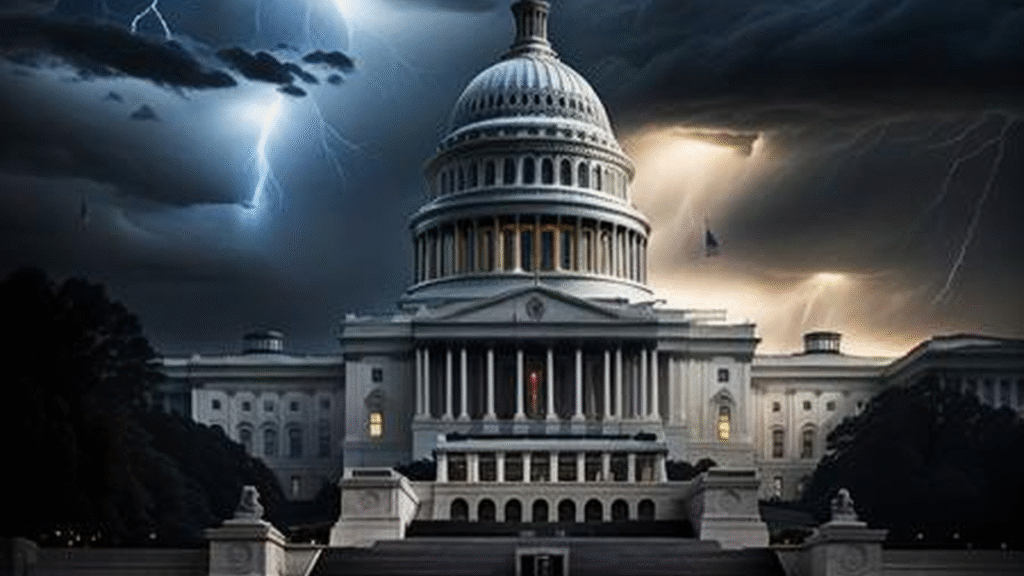 United States Capitol building under dark storm clouds with lightning striking in the background, symbolizing political crisis and tension in Washington.