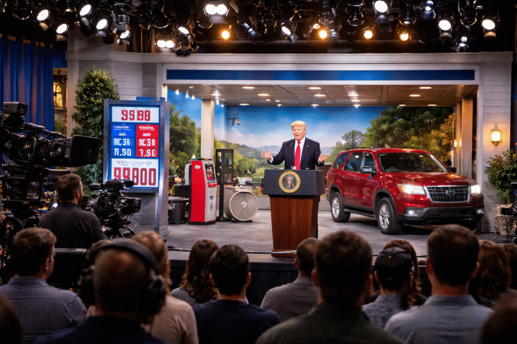 Television comedy sketch set designed like a gas station and road-trip scene, with a performer at a podium resembling a U.S. presidential address while studio cameras, lighting rigs, and an audience watch during a satirical political show recording.
