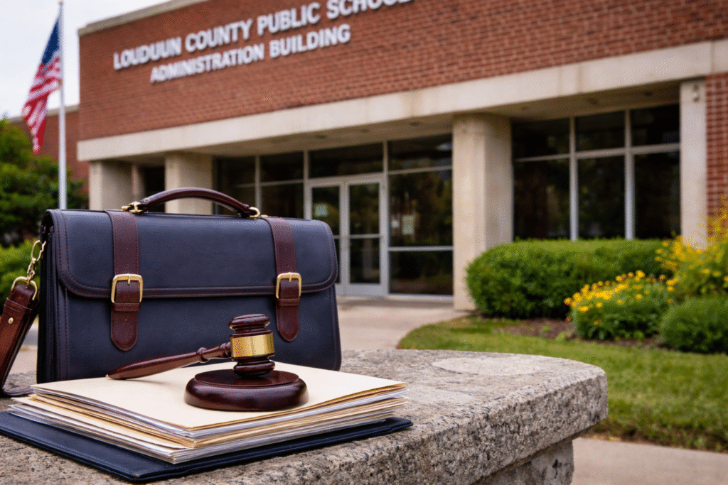 Exterior of the Loudoun County Public Schools Administration Building with legal documents, a briefcase, and a judge’s gavel placed on a stone surface in the foreground.