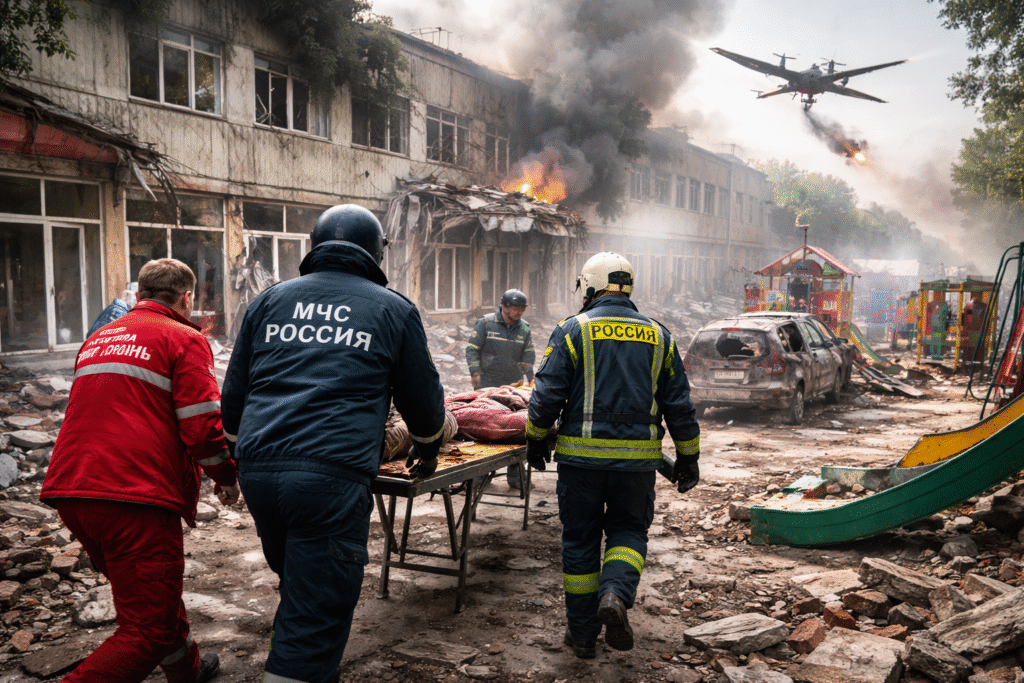 Emergency responders move a stretcher through debris outside a heavily damaged building while smoke rises and a drone flies overhead in a war-affected urban area.