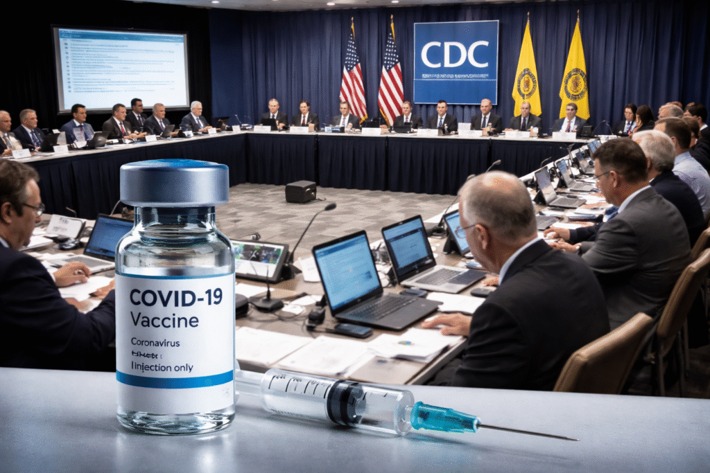 Advisory Committee on Immunization Practices meeting room with officials seated around a conference table and a COVID-19 vaccine vial and syringe in the foreground.