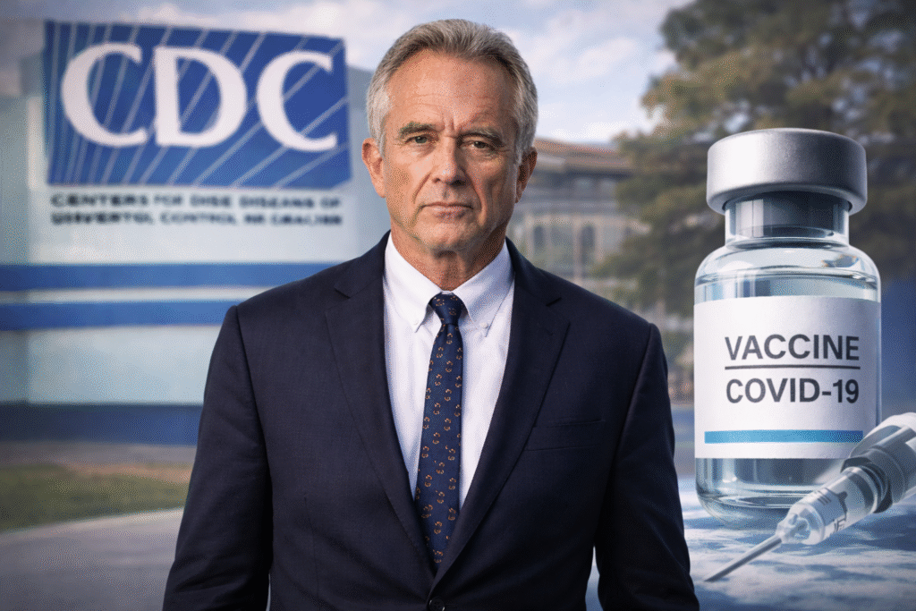 RFK Jr. in a navy suit standing in front of a blurred CDC building sign, with a COVID-19 vaccine vial and syringe prominently displayed beside him.