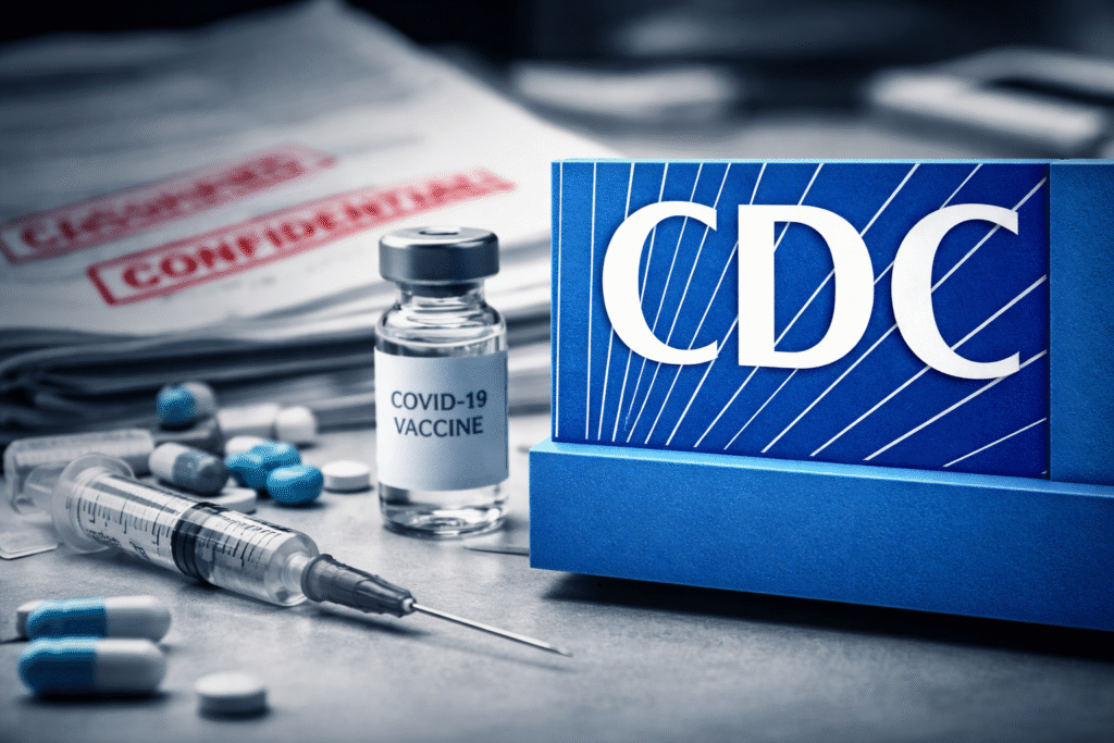 CDC sign beside a COVID-19 vaccine vial, syringe, and scattered pills with blurred confidential documents in the background