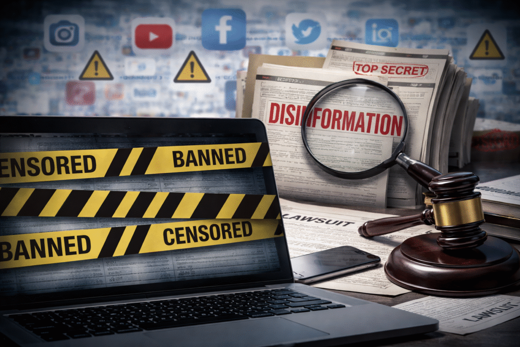 Laptop covered with “censored” and “banned” tape beside documents labeled disinformation, a gavel, and social media icons in the background, representing online censorship and legal battles