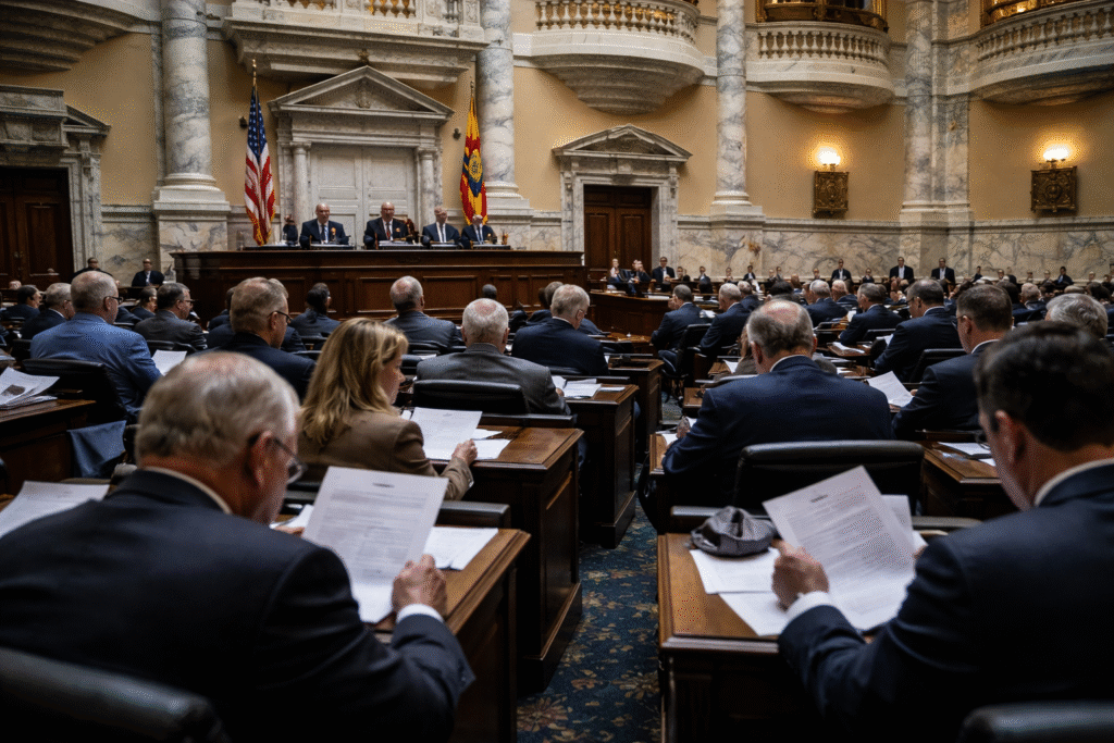 State legislative chamber with lawmakers seated at desks reviewing documents, officials at a raised podium, and American and state flags visible in a formal government setting.
