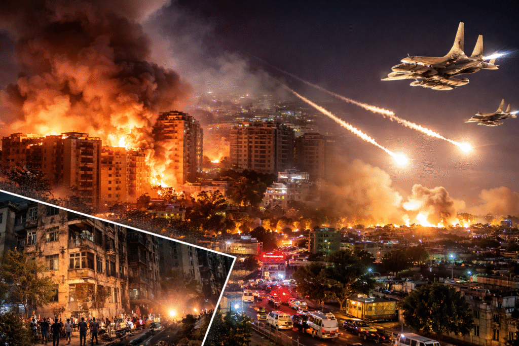 Nighttime airstrikes over a Middle Eastern city with fighter jets launching missiles as fires burn across damaged buildings and emergency vehicles respond below.