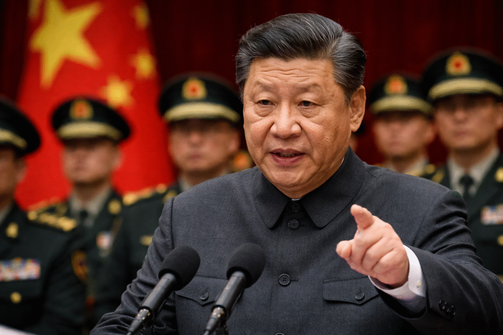 Chinese President Xi Jinping speaking at a podium with People’s Liberation Army officers standing behind him and the Chinese flag in the background.