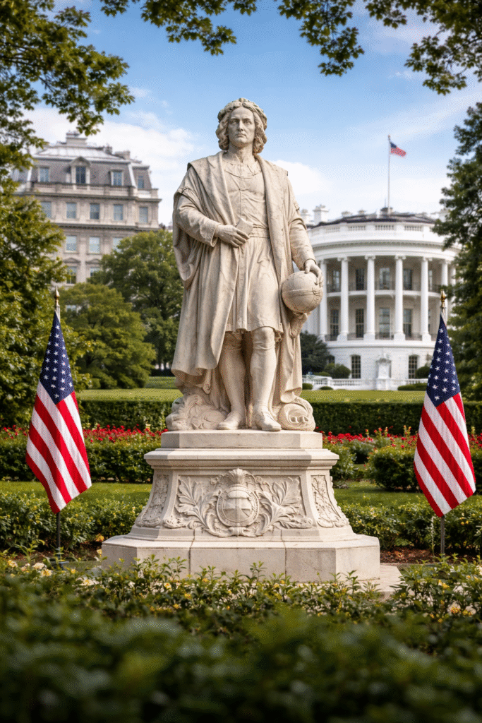 Statue of Christopher Columbus displayed on the White House grounds, with American flags and government buildings visible in the background.