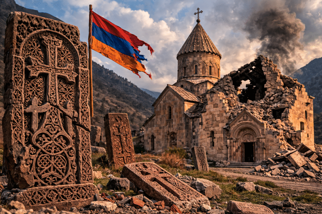Damaged Armenian church and ancient khachkar cross-stones in a mountainous Nagorno-Karabakh landscape, symbolizing endangered Armenian Christian cultural heritage sites.