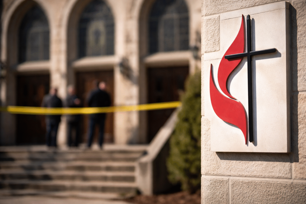 United Methodist Church cross-and-flame emblem on a church exterior with blurred background showing caution tape and people near the entrance during a review situation